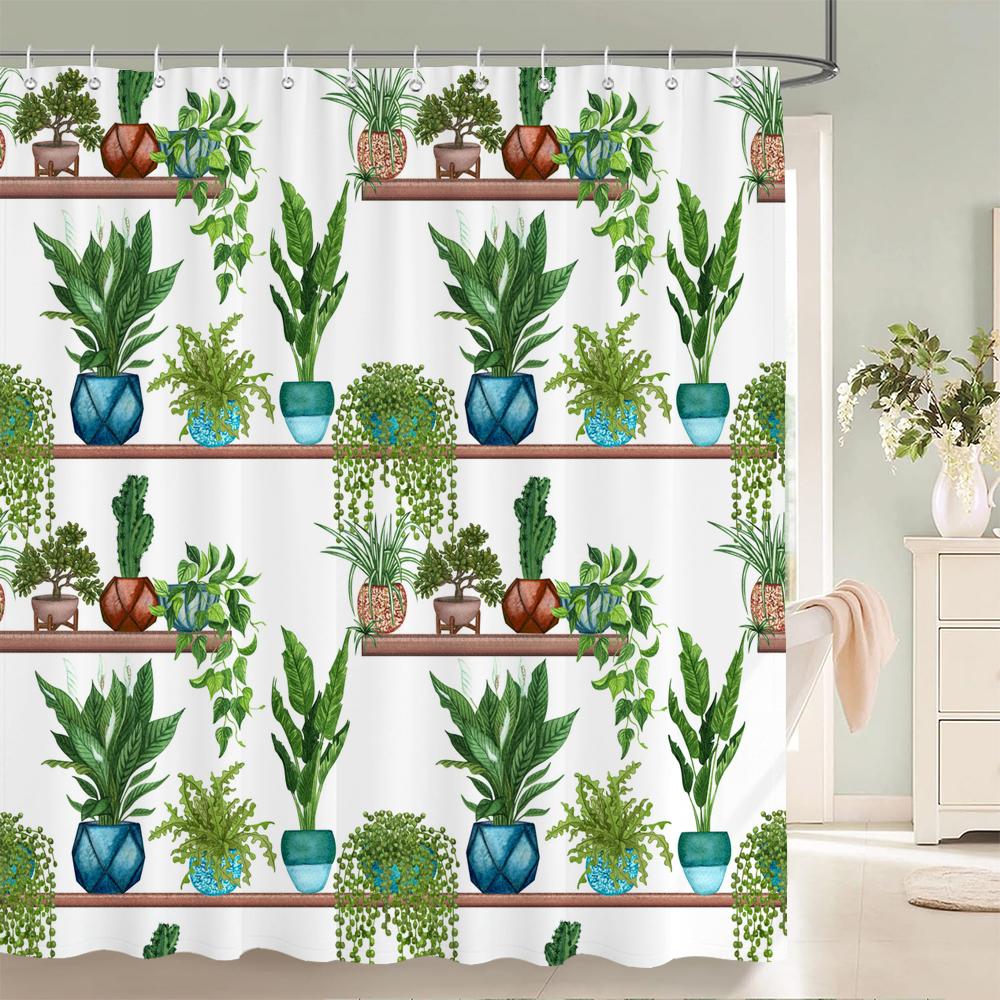 Green Leaves Plant Flowers Shower Curtain 180Cm*180Cm With Hooks, Floral Waterproof Shower Curtain, Shower Curtains For Bathroom