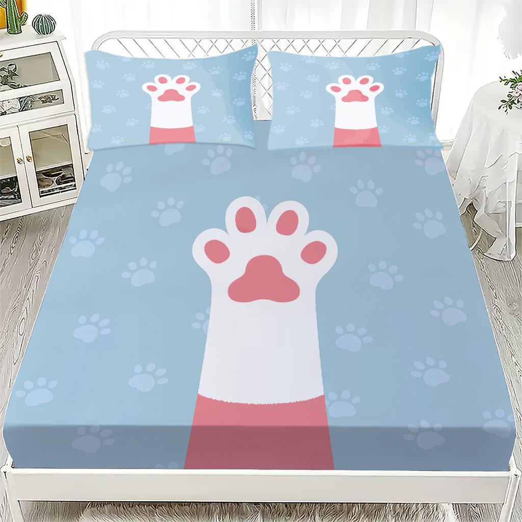3pcs Cartoon Fitted Sheet Set Cute Lovely Cat Paw Print 100% Polyester Breathable Bedding Set for Home Decor with 2 Pillowcases