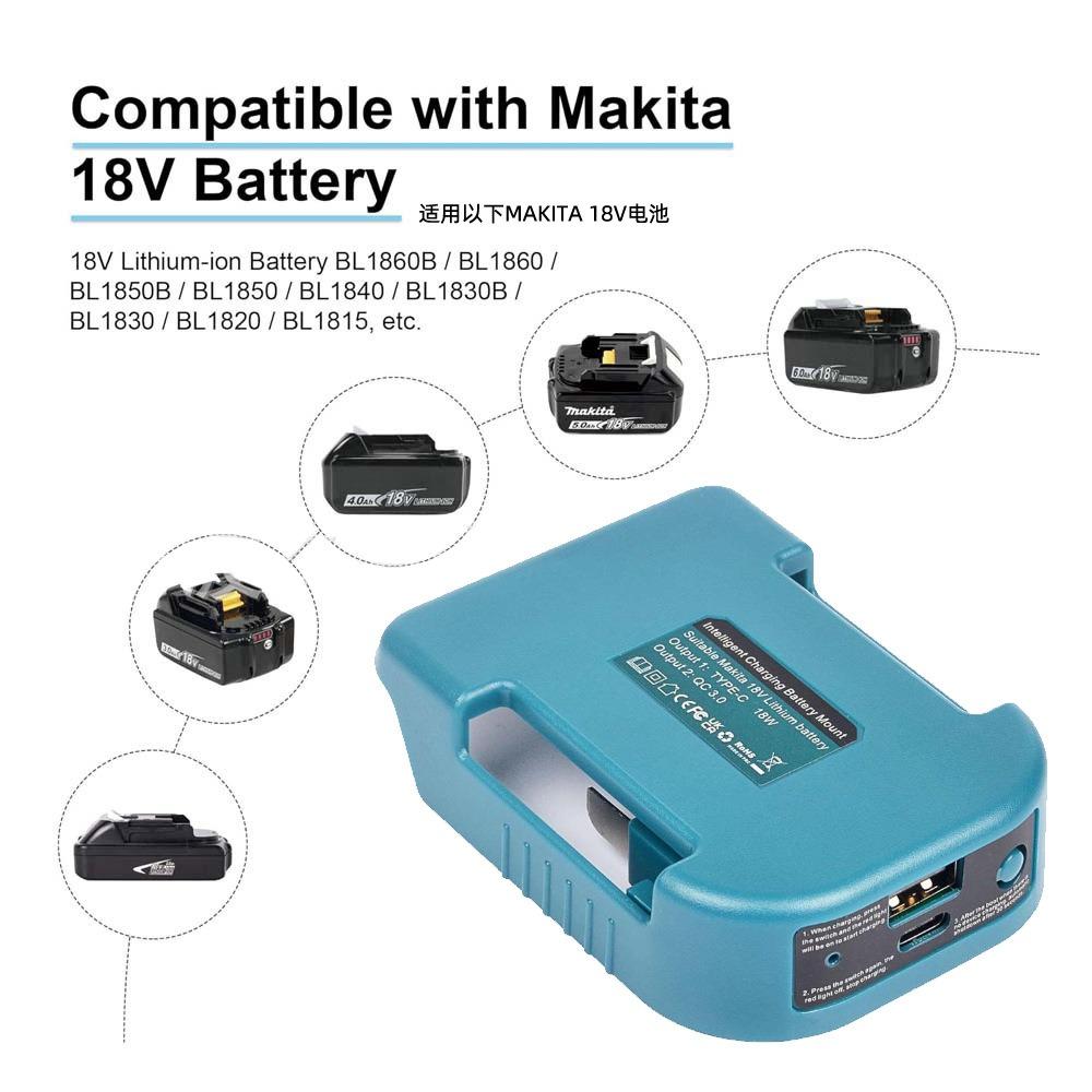 1pc Fast Charger Rack Portable Adapter with 5V USB Port and 18W Type-C Port Fast Charging  for Makita 18V Lithitum Battery Pin