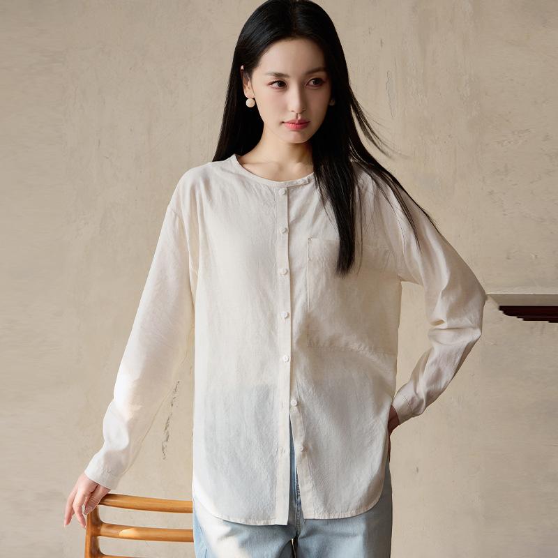 Early autumn new Lyocell Tencel linen Hong Kong style temperament round neck long-sleeved shirt simple casual versatile shirt women