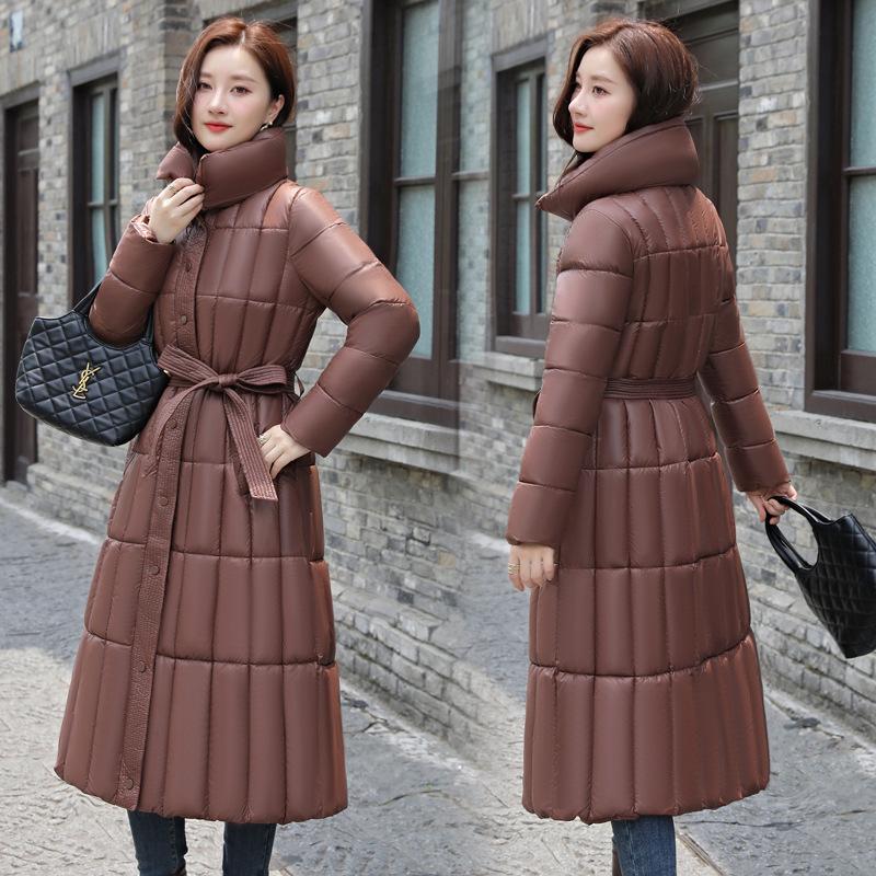 Long over-knee glossy loose down cotton clothes medium and long winter new hooded jacket