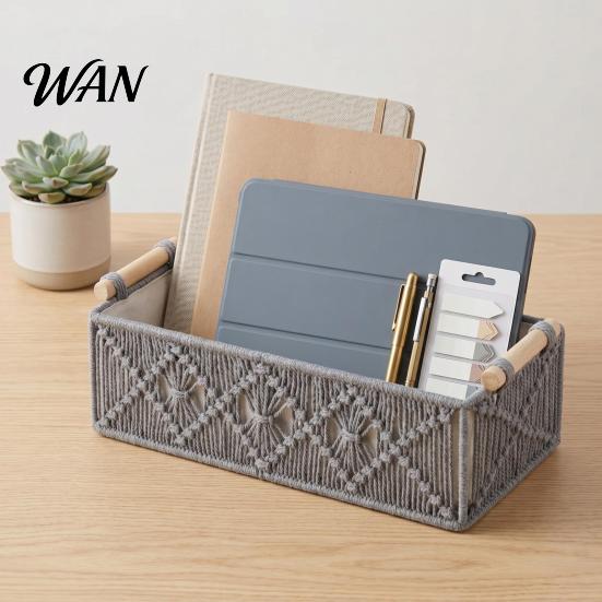 Cosmetic Storage Box with Wooden Handles Large Capacity Basket Woven Design Countertop Organizer for Cosmetics And Sundries