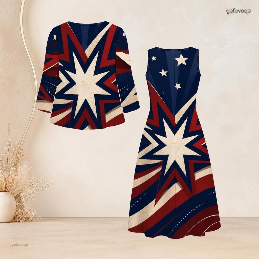 Women Plus Size Two Piece Outfit Three Quarter Sleeve Cardigan Sleeveless Star Stripe Printed White Long Dress