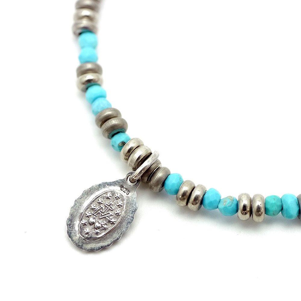 Silver One hi Sterling Silver 925 Miraculous Medal Virgin Mary Turquoise Bead Necklace for Men (Blue) [Width 4mm, Length 46cm]