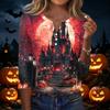 Women's Casual Halloween Print V Neck Button Front Three Quarter Sleeve T Shirt Top for Fall Seasonal Wear
