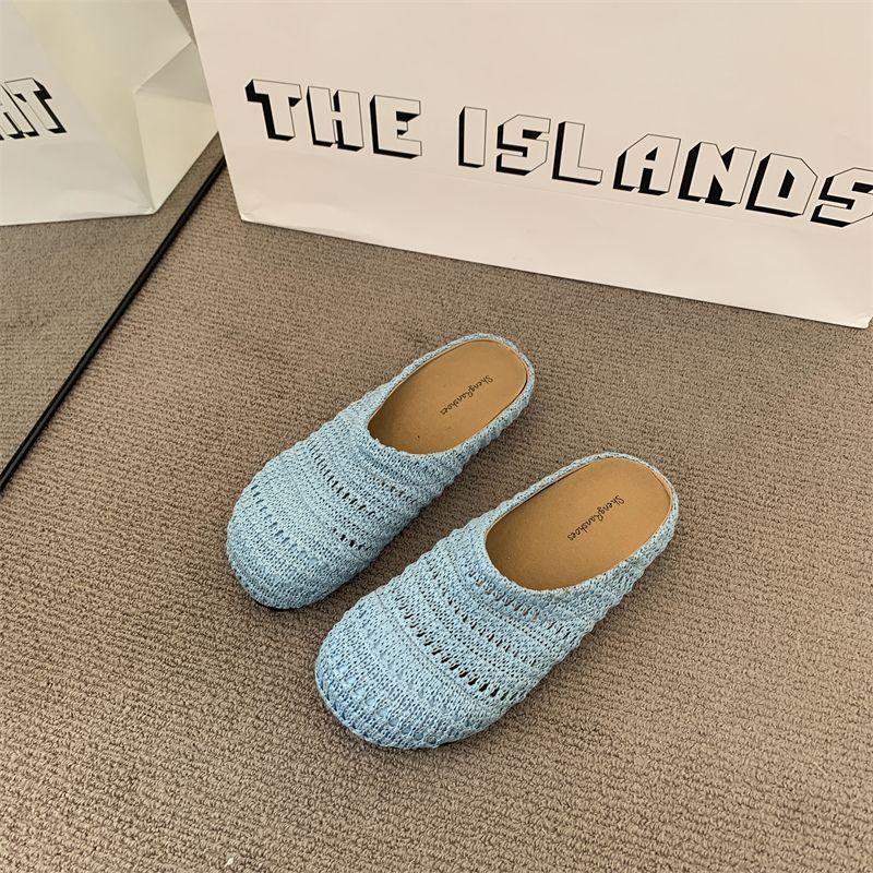 Wind woven hollow breathable bag head half slippers women wear flat bottom summer new lazy sandals