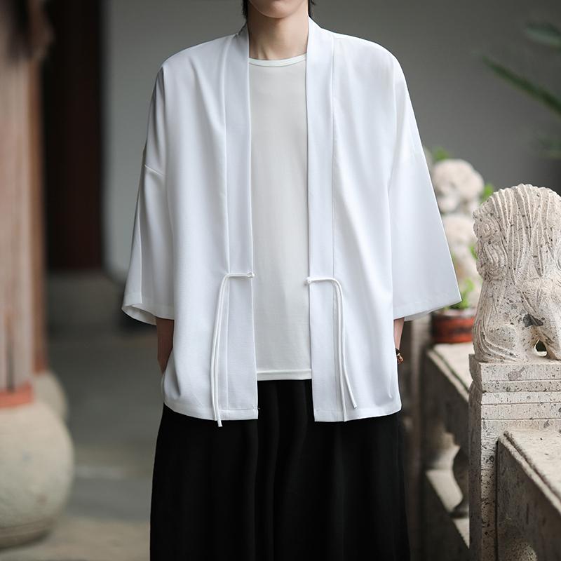 2025 Sommar Herr Casual Skjortor Herr Kinesisk Stil Streetwear Vintage Skjorta Herr Lös Öppenstickad Skjorta Man Enfärgad Cardigan