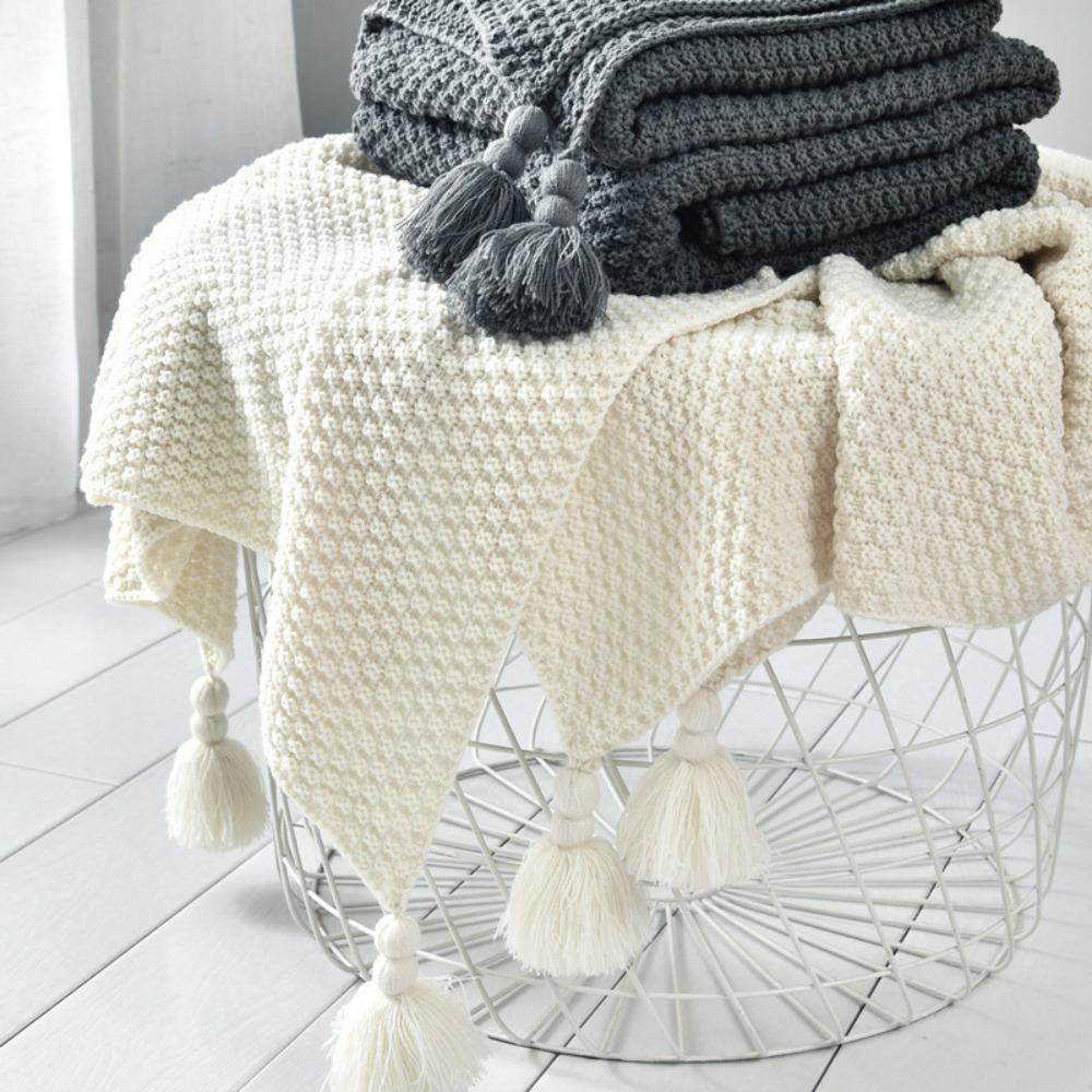 with Tassel Nordic Knitted Blanket Waffle Pattern Sofa Blanket Simple Nap Blanket  Air Condition