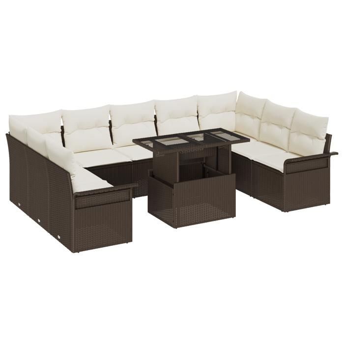 Ensemble de Canapés de Jardin de 10 Pièces avec Coussins Marron Poly Rattan, Canapé de Jardin 2 Places avec Rangement 3357081