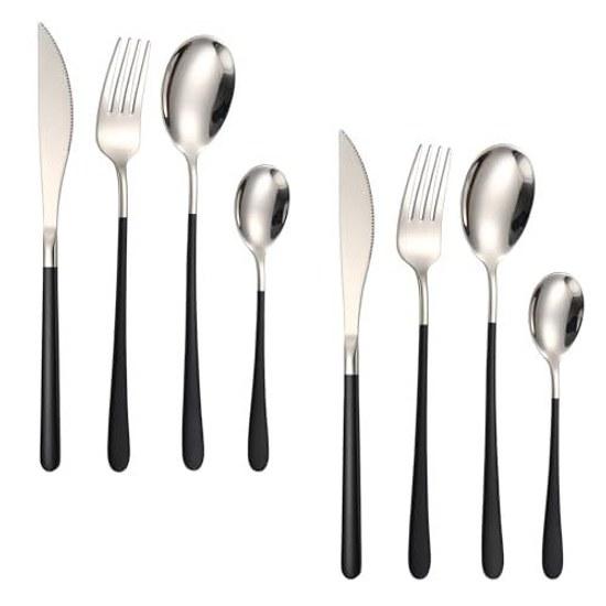Cutlery Set Knife Fork Spoon 8 Pieces 2 People 18-8 Stainless Steel Seamless Integrated Long Handle Everyday Use (Silver/Black)