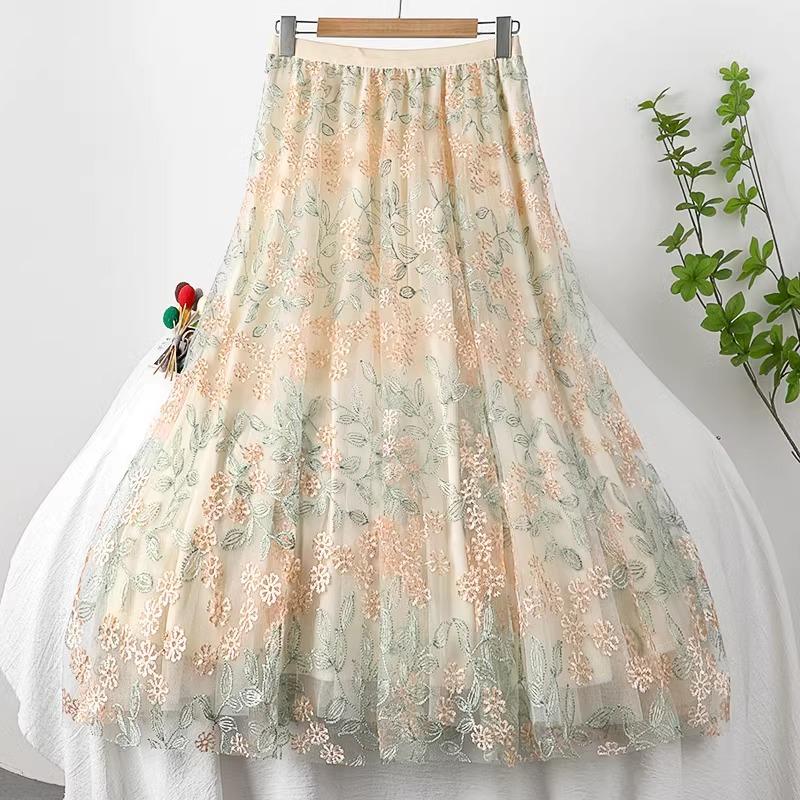 Summer Women Elegant High Waist Mesh Embroidery Flower Tulle Midi Skirt