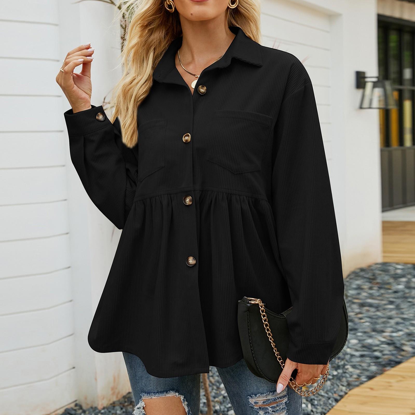 

Women s Fashion Solid Color Jacket Corduroy Double Pocket Baby Shirt Lapel Jacket XL чорний