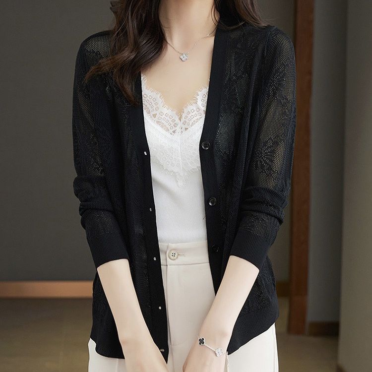 Letní dámská ledová hedvábná pletenina krém na opalování volný pletený kardigan tenká pletená bunda s výstřihem