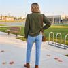 Women's Corduroy V-Neck Long Sleeve Button Front Blouse with Puff Sleeves, Ruffle Trim and Loose Fit