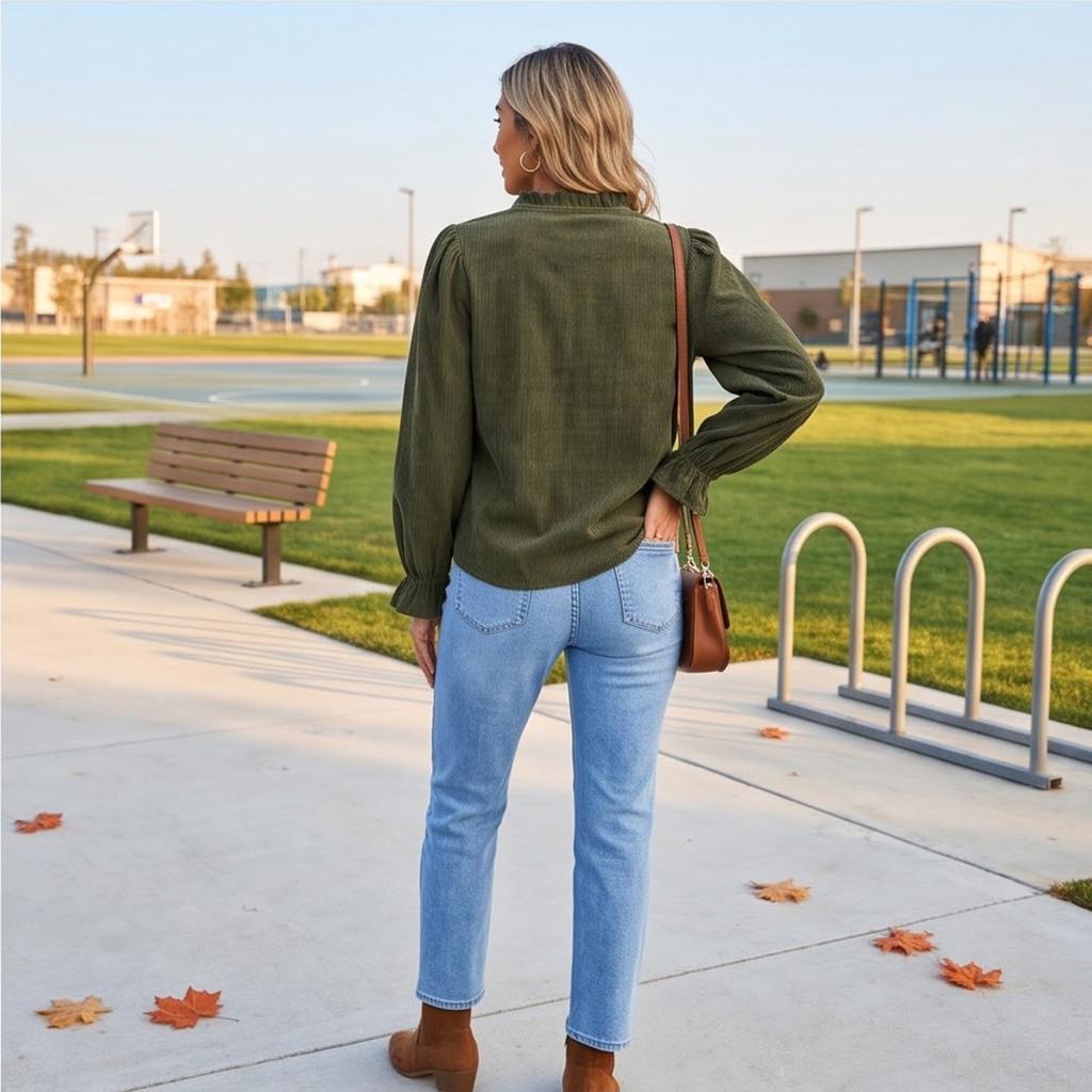 Women's Corduroy V-Neck Long Sleeve Button Front Blouse with Puff Sleeves, Ruffle Trim and Loose Fit