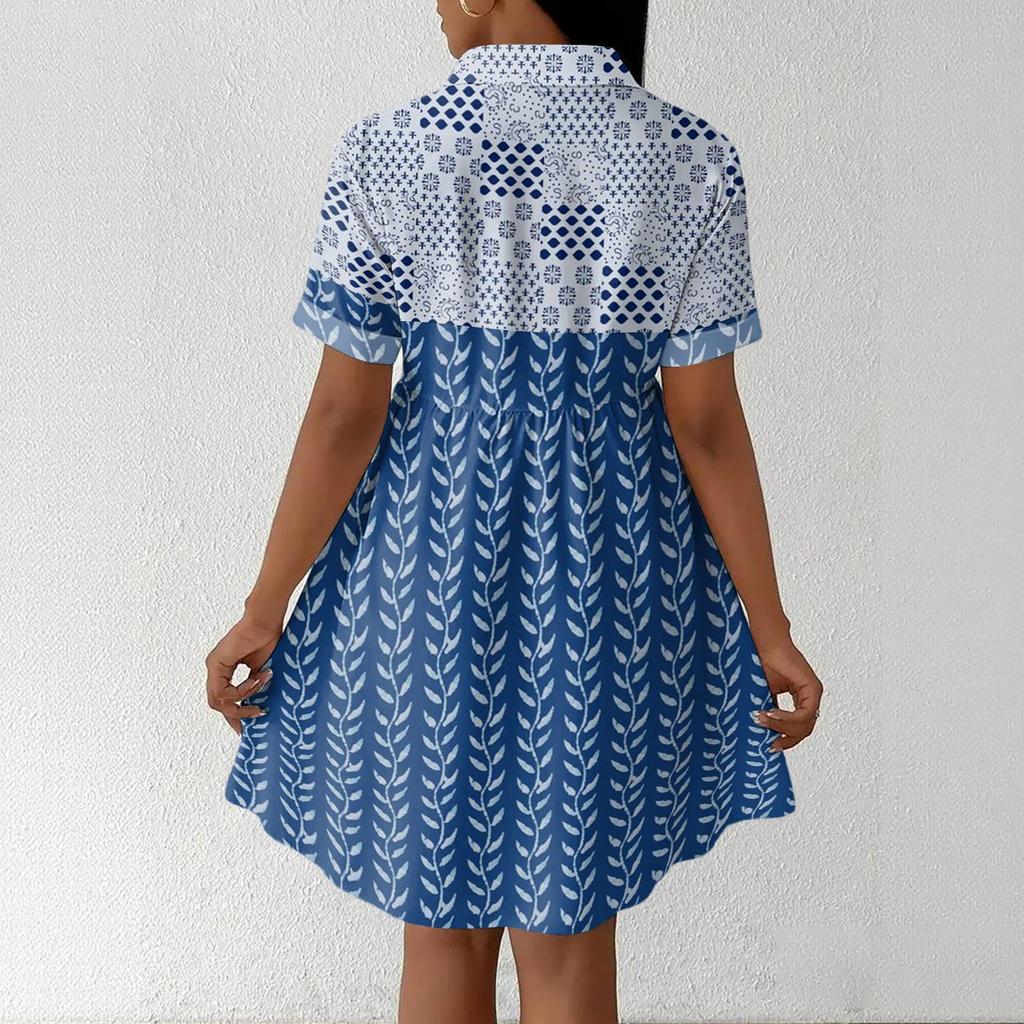 Women's Casual Loose Fit Shirt Dress Button Front Short Sleeve Collar Dress with Floral Print and Border Pattern Suitable for Daily Wear