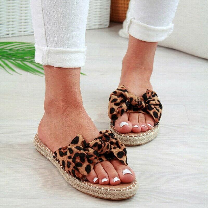 Elegant Women Slip On Sandals Bow Flat Mule Espadrille Shoes Summer Sliders