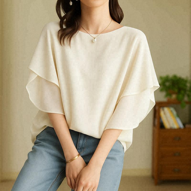 Top Estivo da Donna in Chiffon con Maniche a Pipistrello, Nuova Blusa Casual Traspirante a Maniche Corte Larga con Girocollo