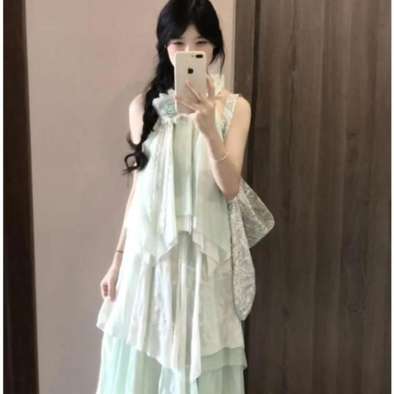 French Sweet Style Sleeveless Neck Dress Temperament Slimming Lace Splicing Flower Long Women