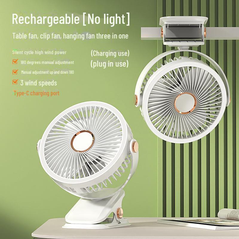 Rechargeable USB Clip Fan with Desk Lamp - Large Battery, Portable for Student Dormitories