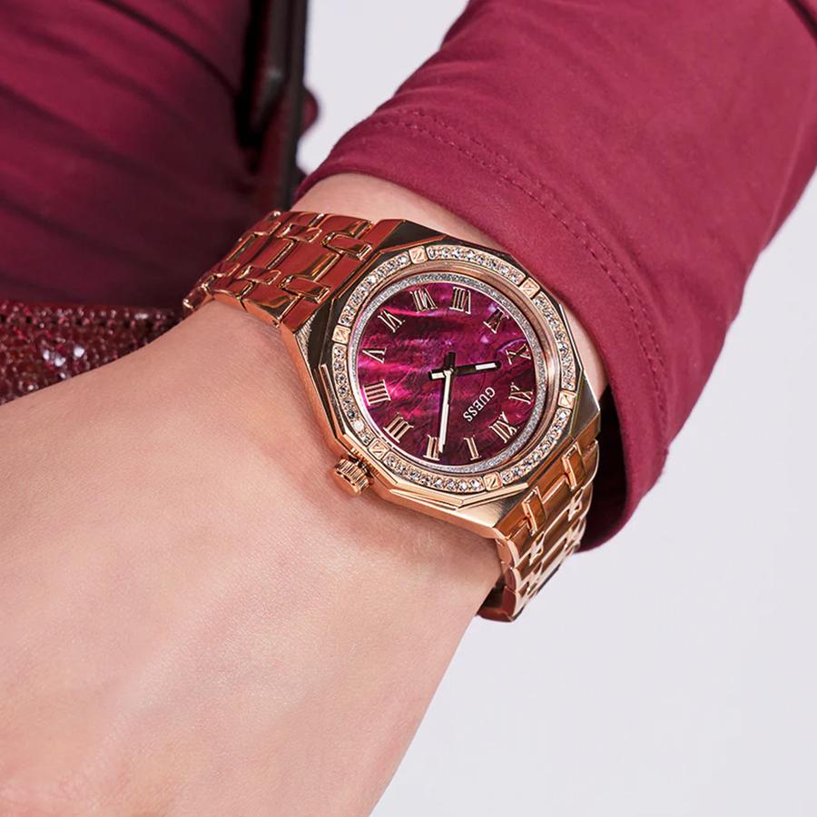 Guess Ladies' Quartz Watch with Deep Red Dial and Gold Stainless Steel Strap - GW0770L3