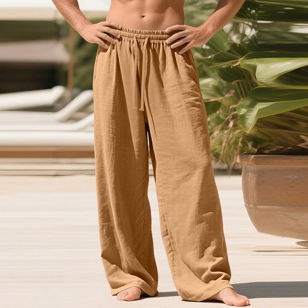 Men's Linen Loose-fitting Casual Sports Pants With Pockets And Drawstring, Solid Color