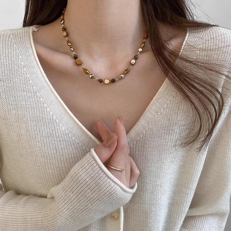 Maillard Caramel Tiger's Eye Stone Beaded Necklace Femininity Versatile Premium Sense Clavicle Chain Natural Stone Handmade