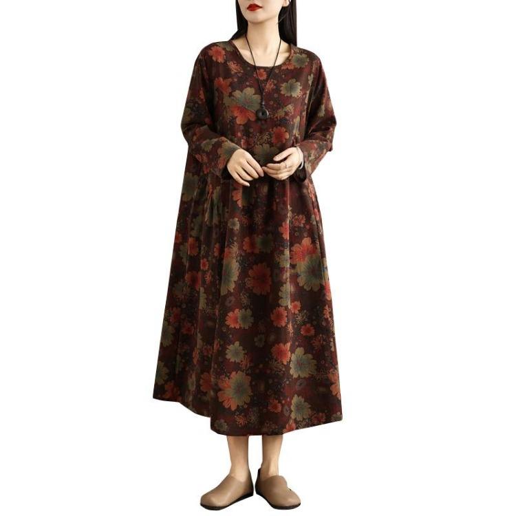 Spring Maxi Floral Dress New Vintage Long Sleeve O Neck Loose Casual Plus Size Women