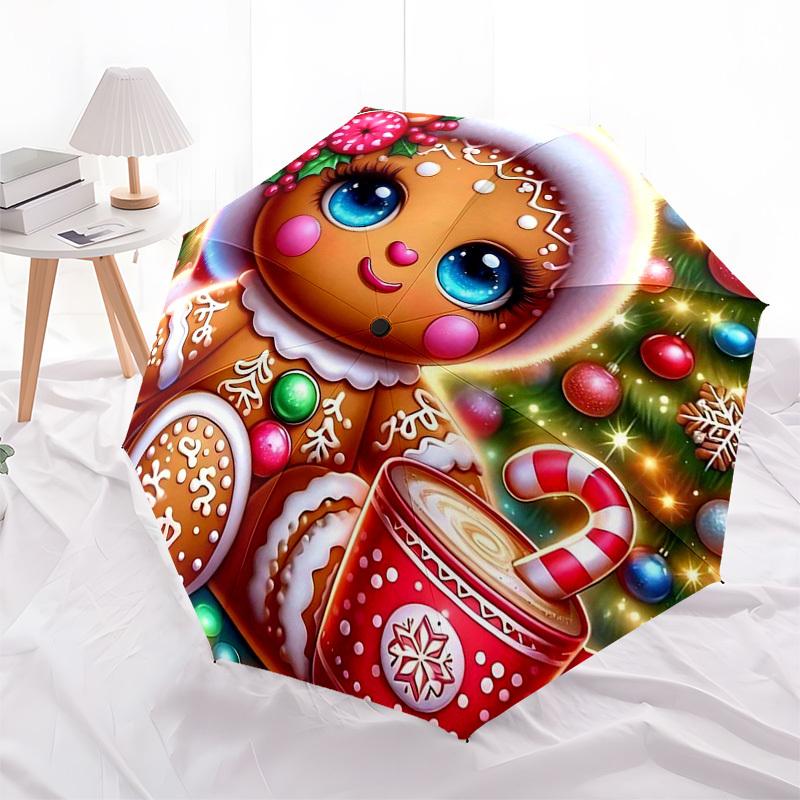 1pc Gingerbread Man Christmas Ornament with Candy Cane Mug, Automatic Opening Folding Umbrella, Portable 3-Fold Design, 8-Bone Iron Frame Outdoor Umbr