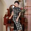 Silk cheongsam mulberry silk high-end dress women's summer retro black and white plaid Chinese style small people can wear