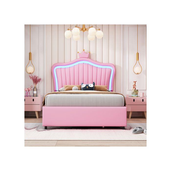 Lit enfant - MUVOE - Lit capitonné 90x200 cm - Similicuir rose - 2 tiroirs de rangement - LED multicolore