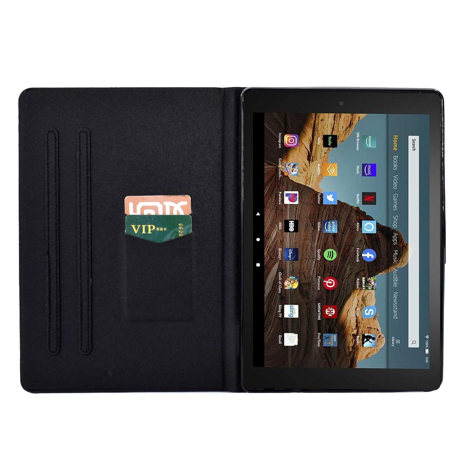 

For Amazon Fire HD 10 (2021)/HD 10 Plus (2021) Leather Cover Pattern Printed Anti-Scratch Tablet Case with Card Slots Leaf
