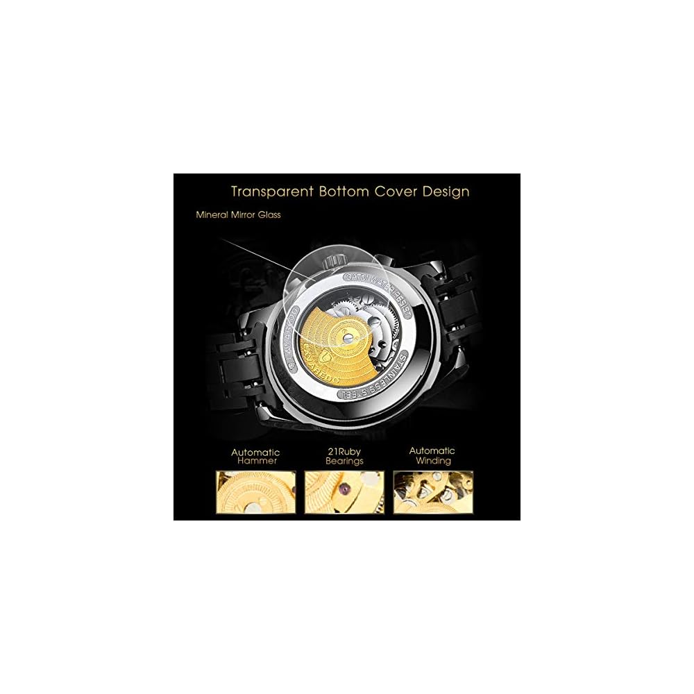 Tevise Men's Skeleton Watch Black Stainless Steel Waterproof Automatic Roman Numerals Dial
