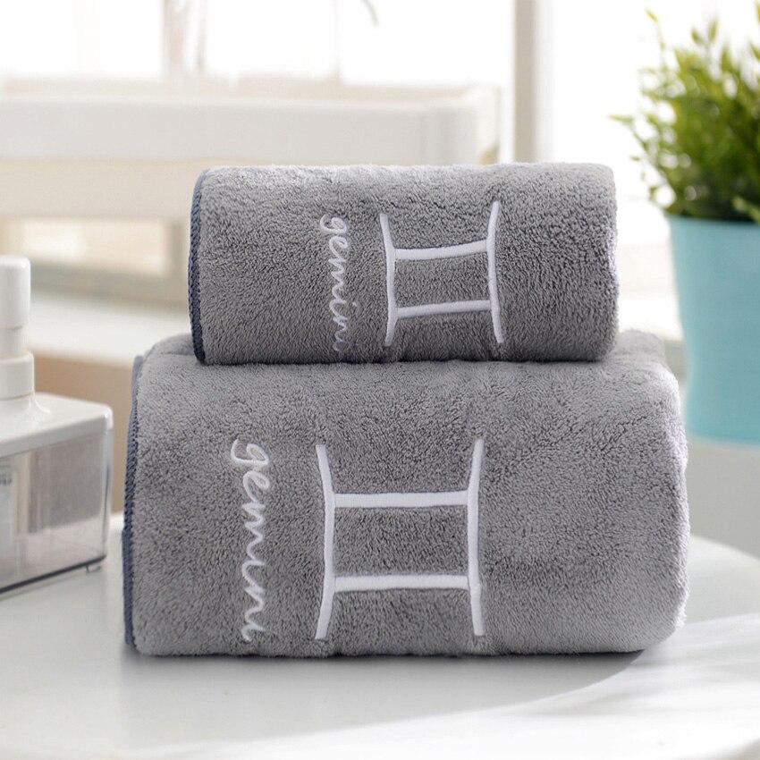 Ensemble de 2 serviettes douces 12 constellations Lettres Brodé Serviettes Visage Bain Grande Forte Absorption d'Eau pour Adulte 1pc 35x75-1pc 70x140