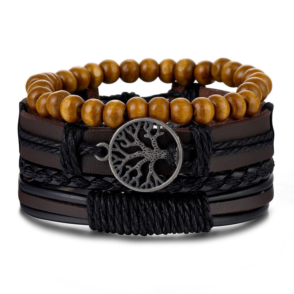 Men's Vintage Multilayer Leather Bracelet with Hollow Triangle Beads