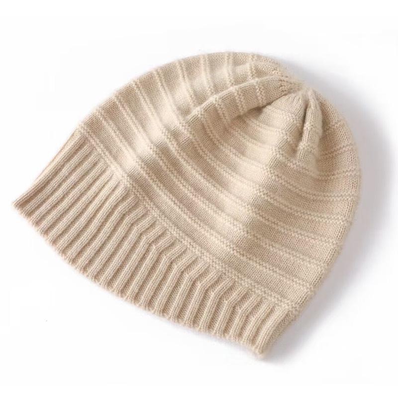Women's Pure Wool Knit Beanie Hat Winter Warm Striped Pattern Soft Cozy Thickened Cap Headwear for Cold Weather Hiking