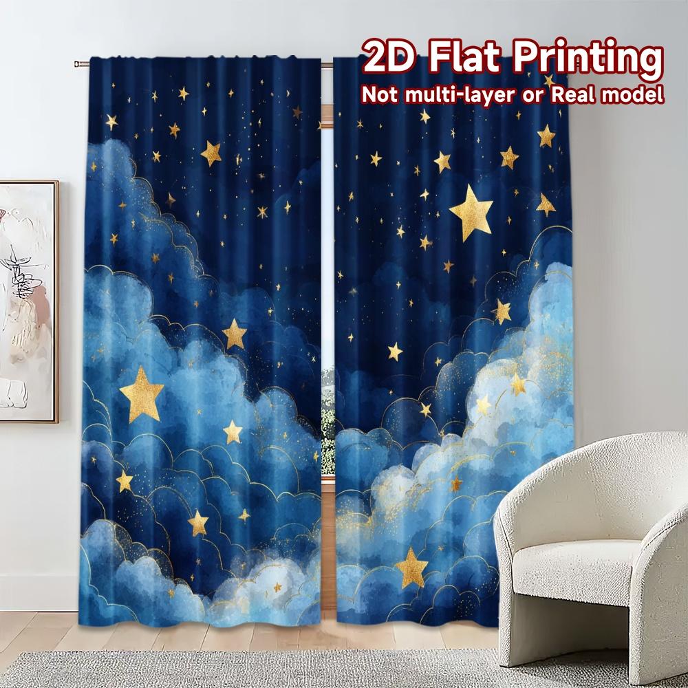 2 pièces, Rideaux IMPRESSION PLATE 2D (Sans Canne) Tissu de Rideau Chic Nuages Étoilés Polyvalent 100% Polyester Rideaux Toutes Saisons