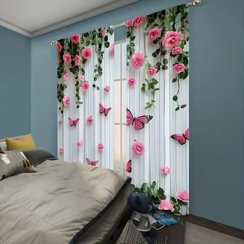 2 Pack Charming Pink Rose and Butterfly Print Curtains, Floral Vine Design, Flat Print, Perfect for Valentine's Day Living Room