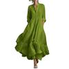Women's Long Sleeve Loose Fit Maxi Dress Solid Color Round Neck Button Front Casual Full Length Dress with Flared Hem