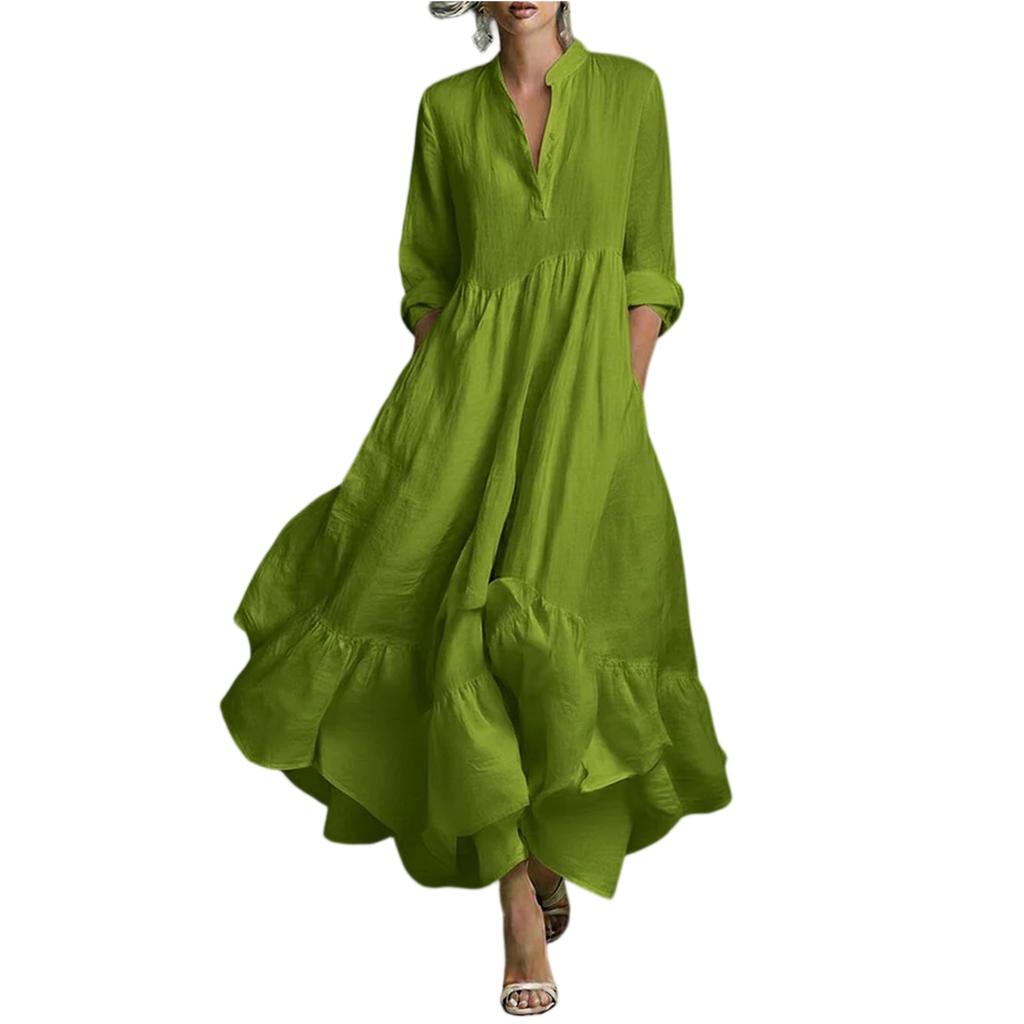 Women's Long Sleeve Loose Fit Maxi Dress Solid Color Round Neck Button Front Casual Full Length Dress with Flared Hem