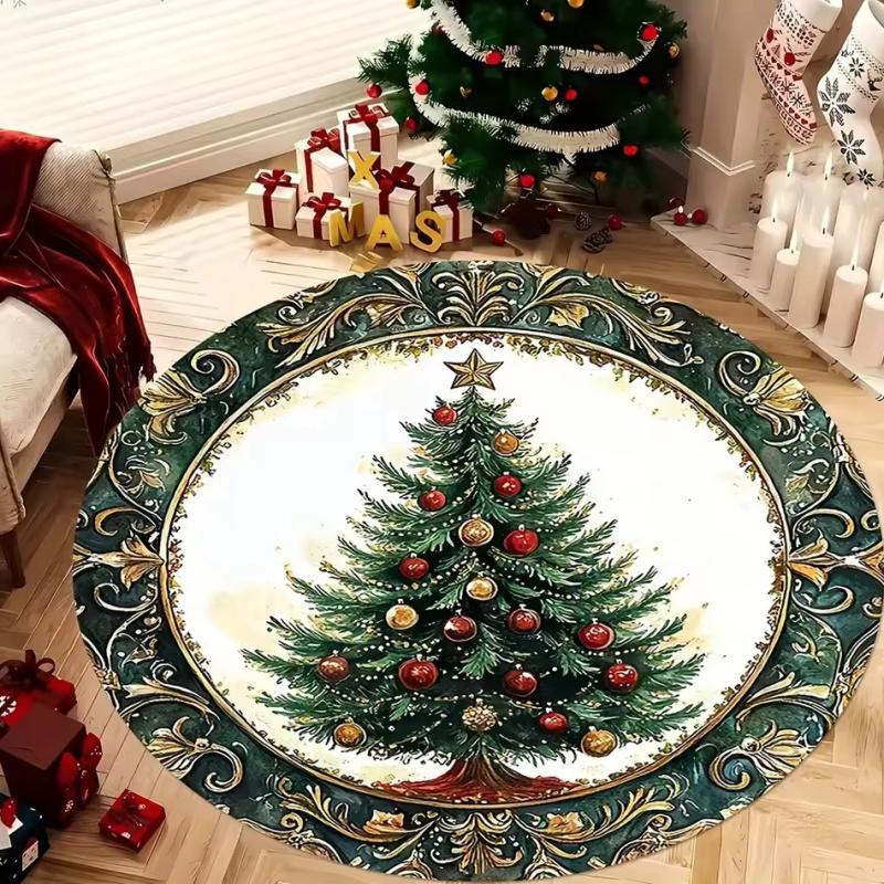Merry Christmas Round Rug Santa Fireplace Xmas Tree Non Slip Kids Room Floor Mat Happy New Year Decor