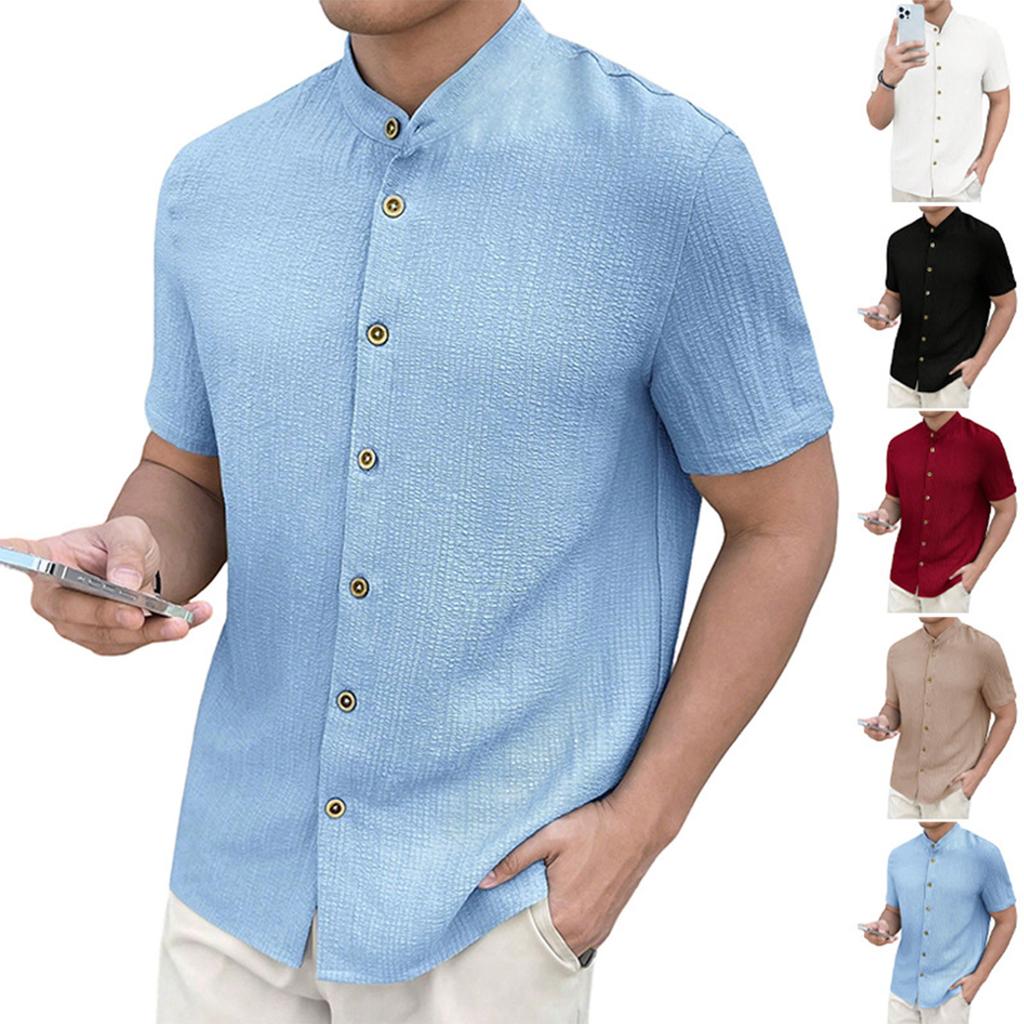 Men's Stand Up Collar Shirt Short Sleeved Top Men's Casual T-shirt Cardigan Top