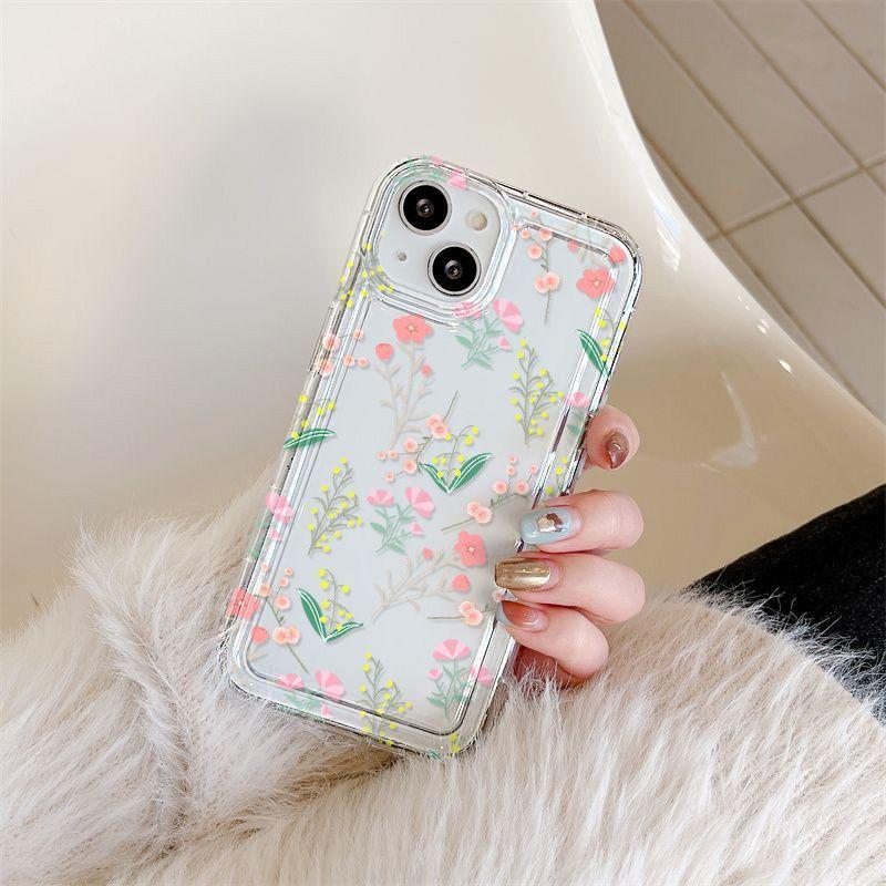 Simple pink flower iPhone15promax mobile phone case Apple 14 transparent 13/12 fine hole anti-drop 11