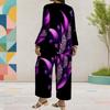 Women Plus Size Red Printed Round Neck Long Sleeve Layered Top Wide Leg Cropped Pants Two Piece Set