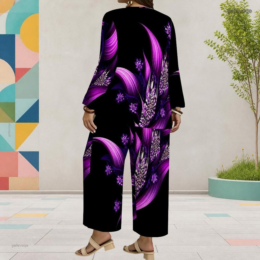 Women Plus Size Red Printed Round Neck Long Sleeve Layered Top Wide Leg Cropped Pants Two Piece Set