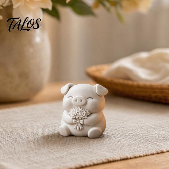 Talos Figurka Uroczej Świnki Drukowana 3D, Mała Statuetka z Bukietem Kwiatów, Kolekcjonerska Ozdoba Zwierzęca do Wystroju Domu Kuchni Biura