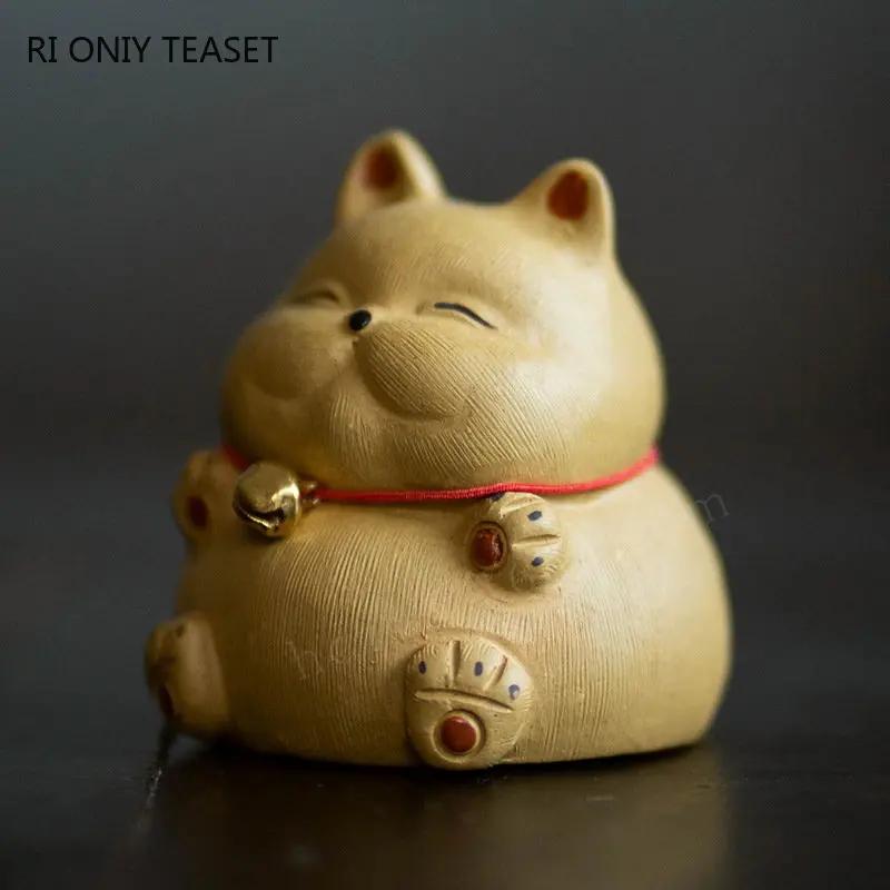 Chinese Yixing Purple Clay Tea Pet Handmade Sculpture Animal Ornaments Lucky Cat Statue Decoration Desktop Decors Crafts Tea Set