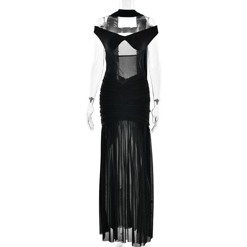European and American Style Summer Sexy Tube Top Long Dress Fashionable Slim-fitting Halter Mesh Shrinkage Pleated Split Dress