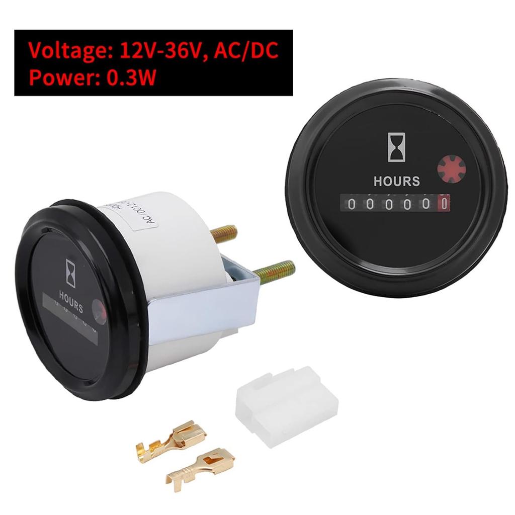 Quartz Hour Meter, 12-36V DC AC Mechanical Round Hour Meter Waterproof Hour Gauge for Boat Auto Snowmobile Lawn Tractors Generators Car Truck Engine