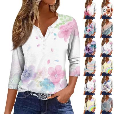 Women's Fashion Casual Printed V-Neck Short Sleeve Decorative Button Three-quarter Sleeve T-Shirt Top